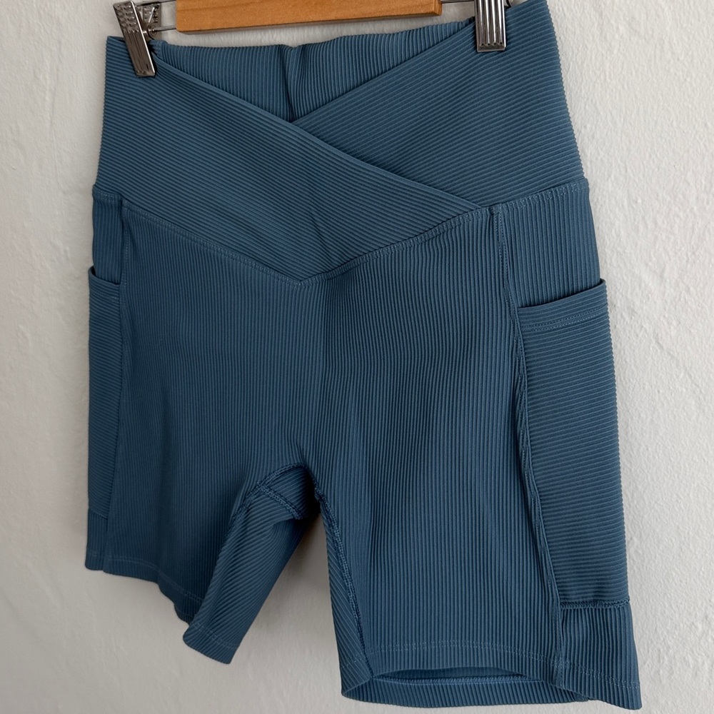 Blue Ribbed Bike Shorts - Picture 2 of 5